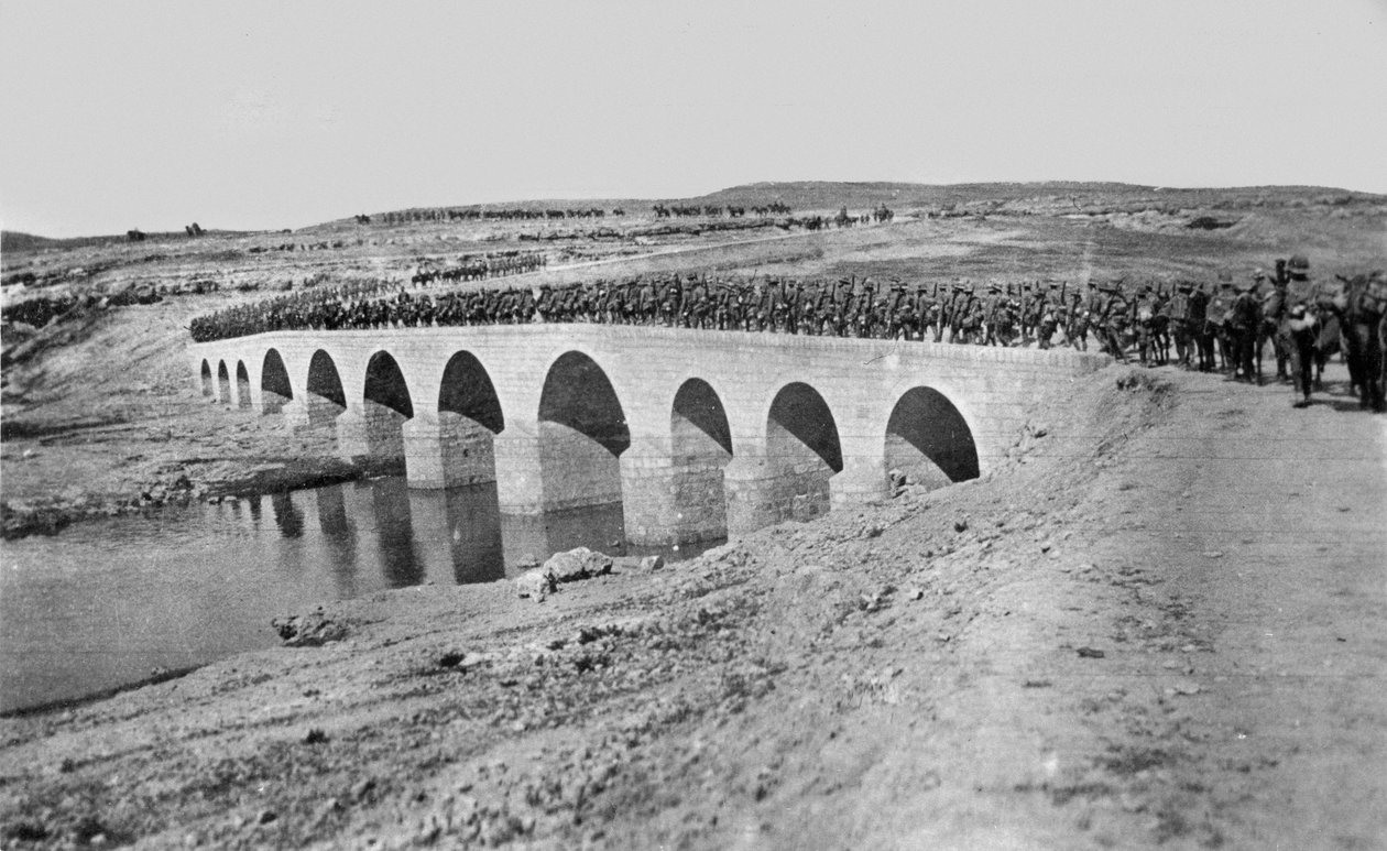 Troops Crossing a Bridge, 1917 by English Photographer