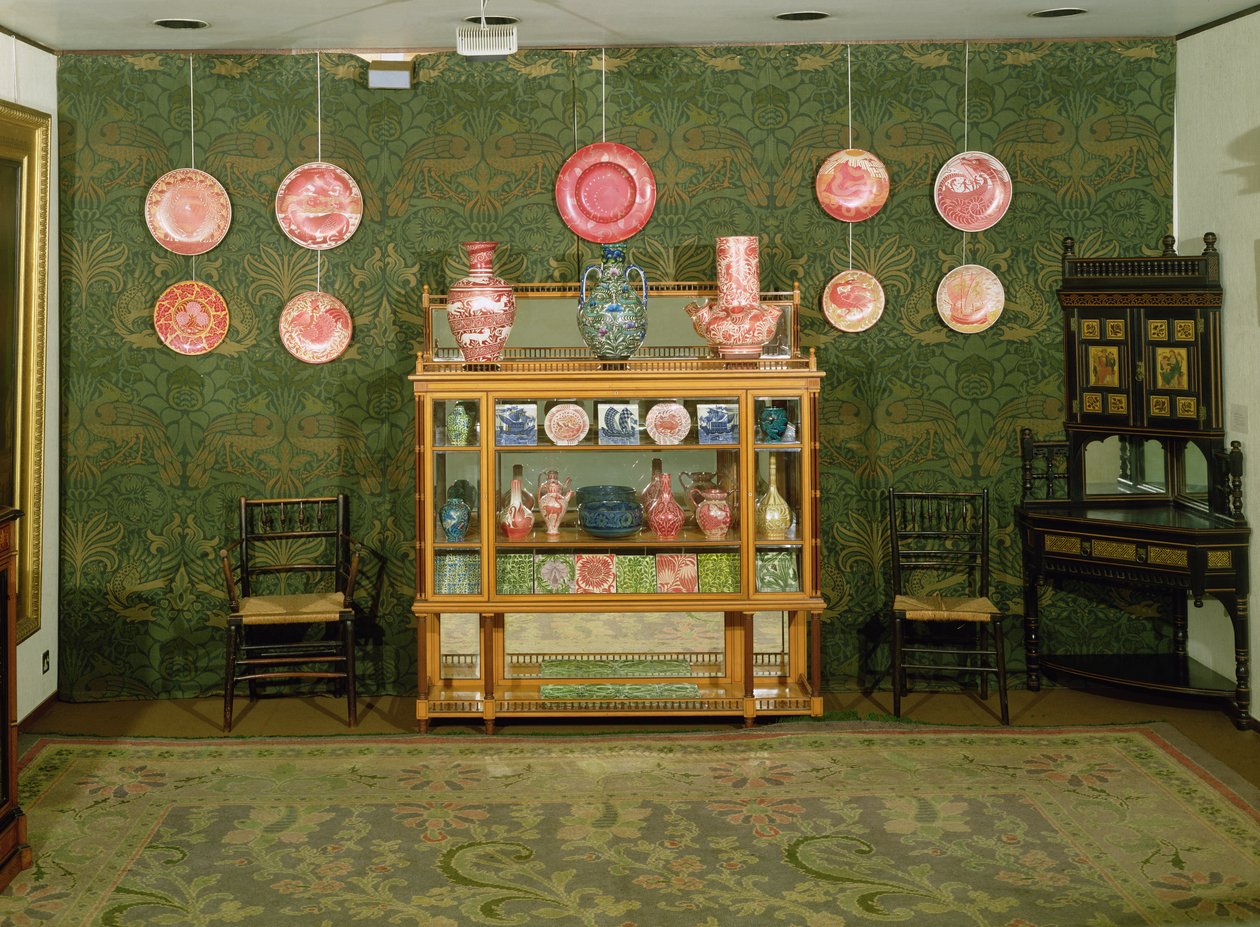 An Aesthetic Interior showing works by William Morris and William de Morgan by English School