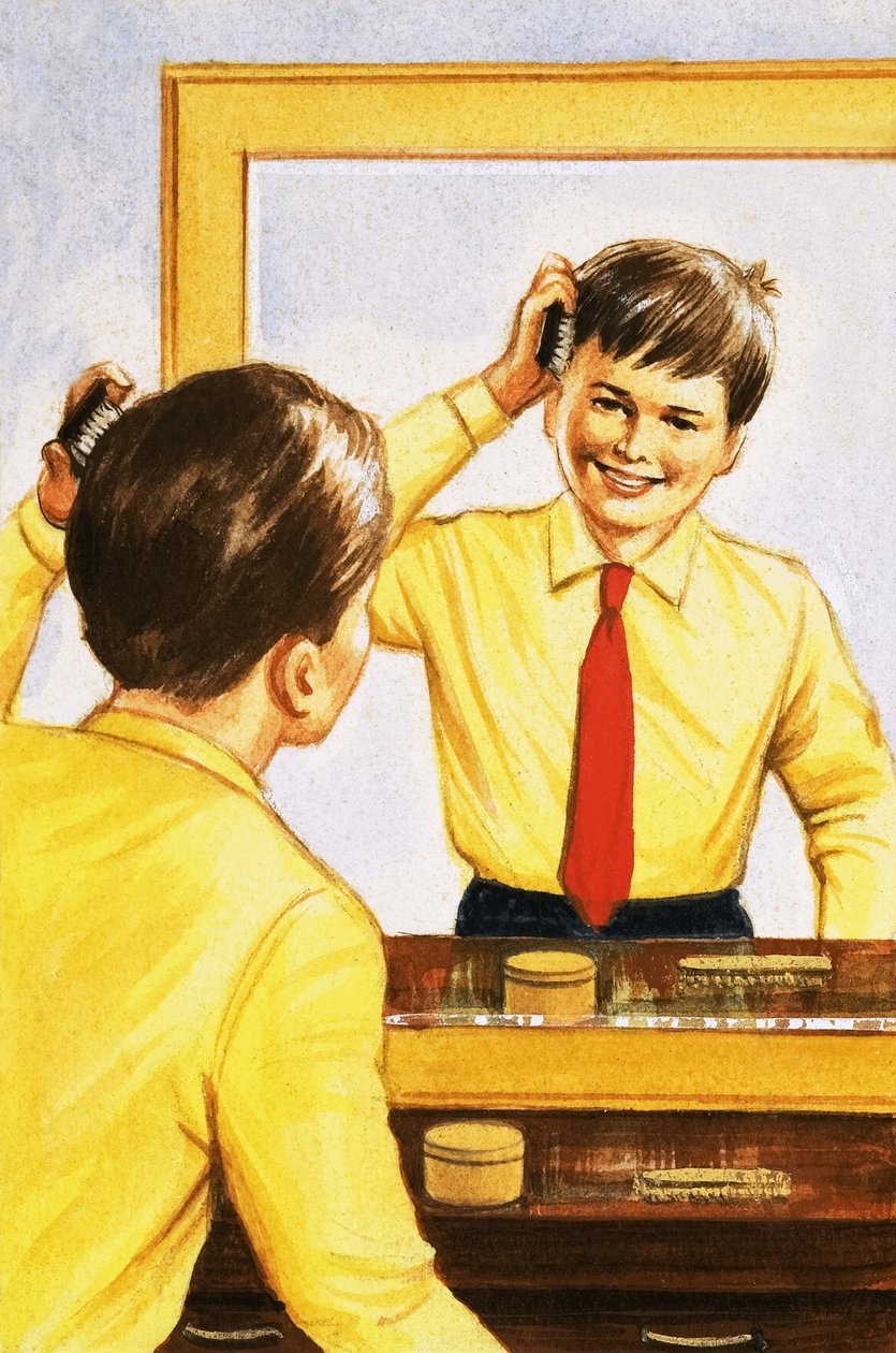 Boy Brushing His Hair in a Mirror Backed with a Thin Layer of Silver by English School