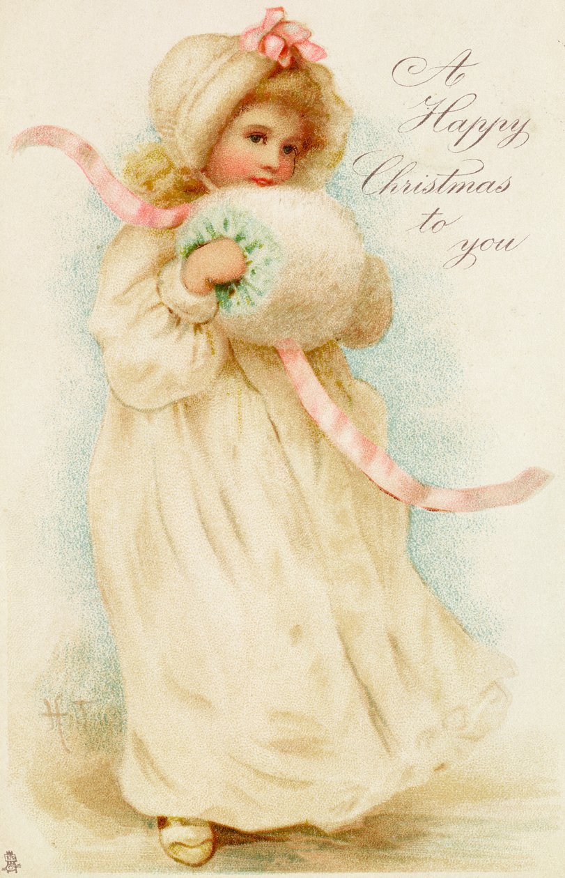 Christmas card depicting a girl with a muff by English School