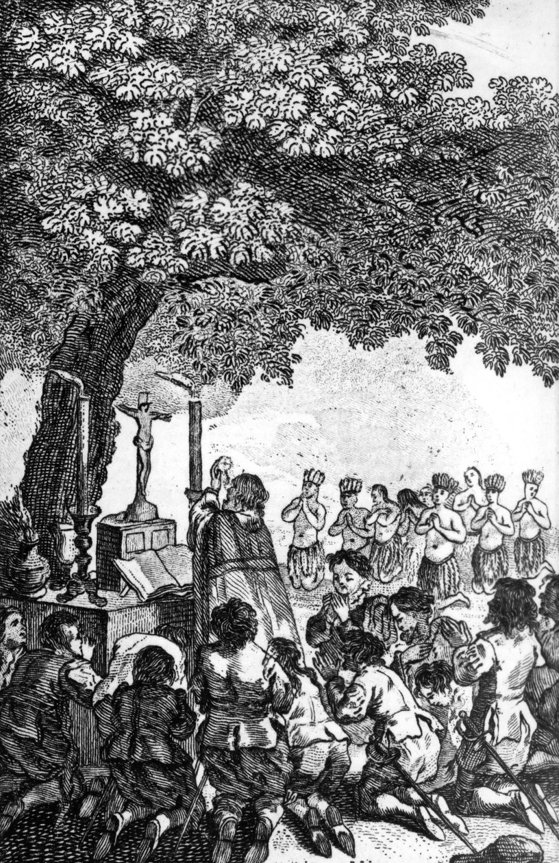 DeCabral discovering Brazil, lands and causes Mass to be sung under a tree by English School