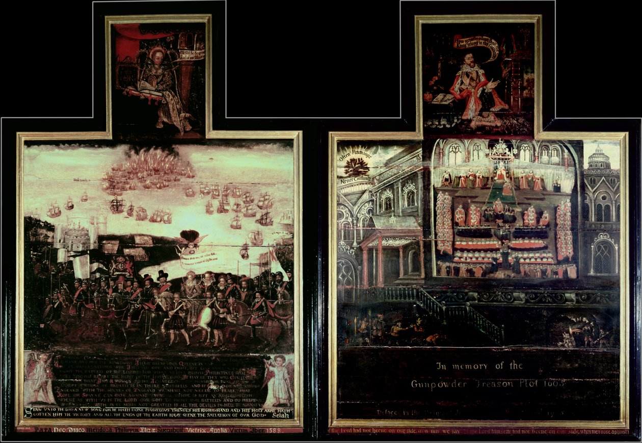 Diptych depicting the Arrival of Queen Elizabeth I at Tilbury, the Defeat of the Spanish Armada and the Gunpowder Plot by English School