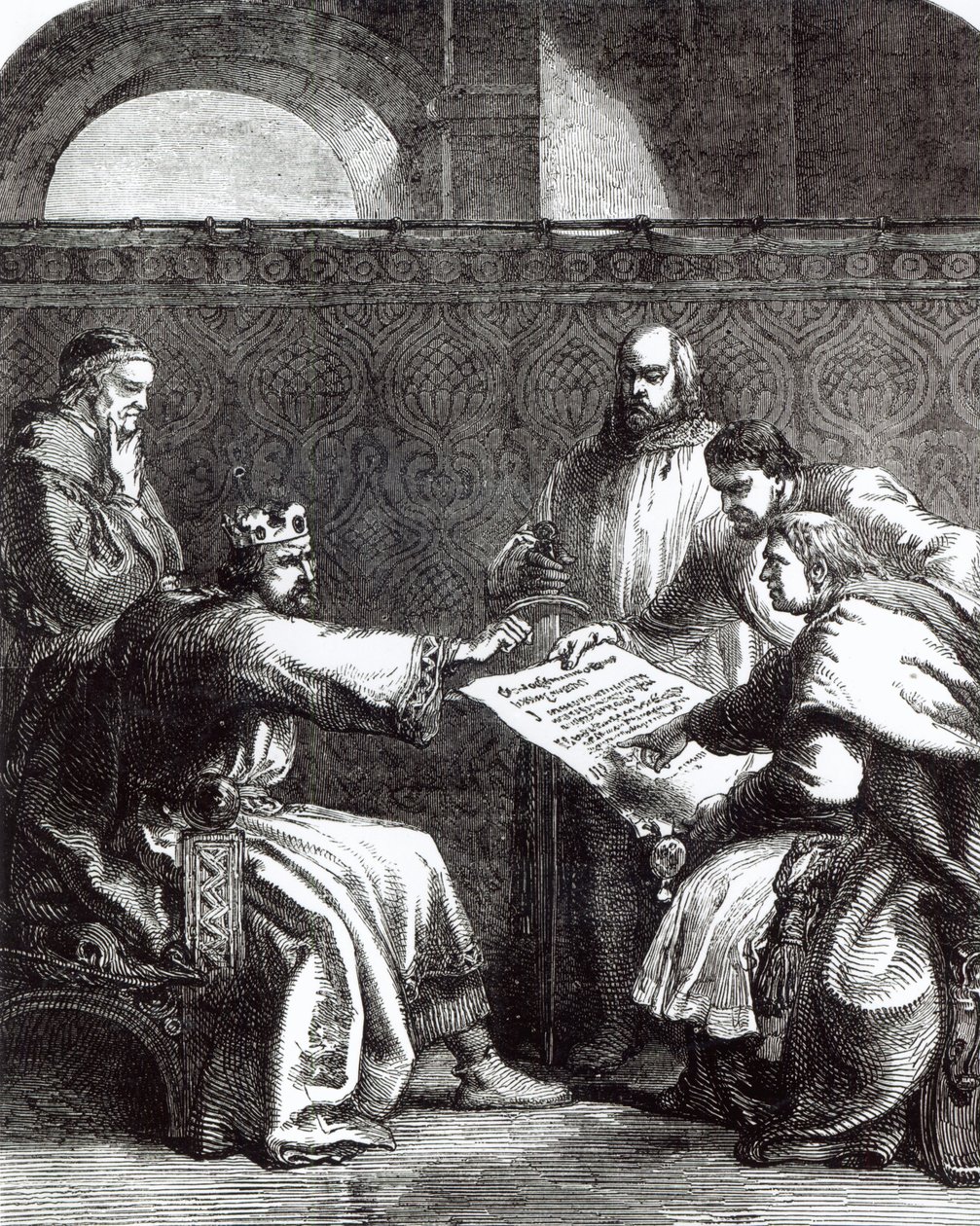 King John refusing to sign Magna Charta when first presented to him, 1215 by English School