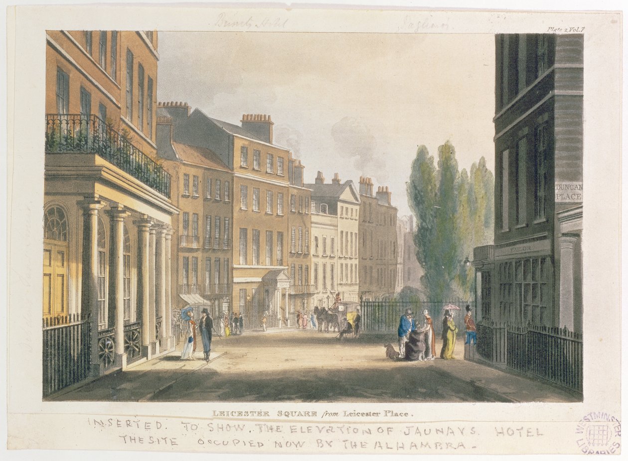 Leicester Square from Leicester Place, London, Plate 2 from Volume 7 of Ackermann