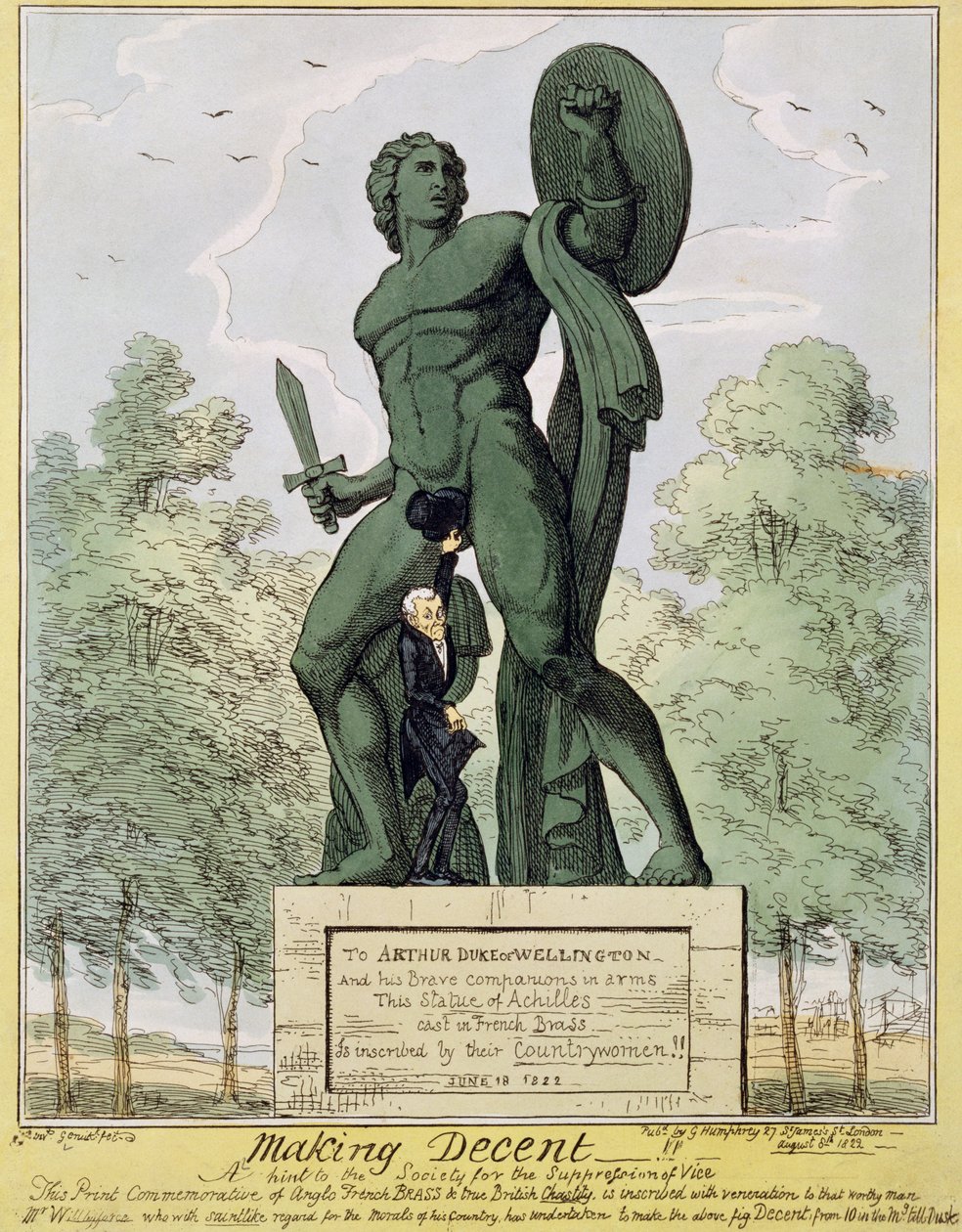 Making Decent, cartoon showing William Wilberforce covering up the statue of Achilles at Hyde Park Corner by English School