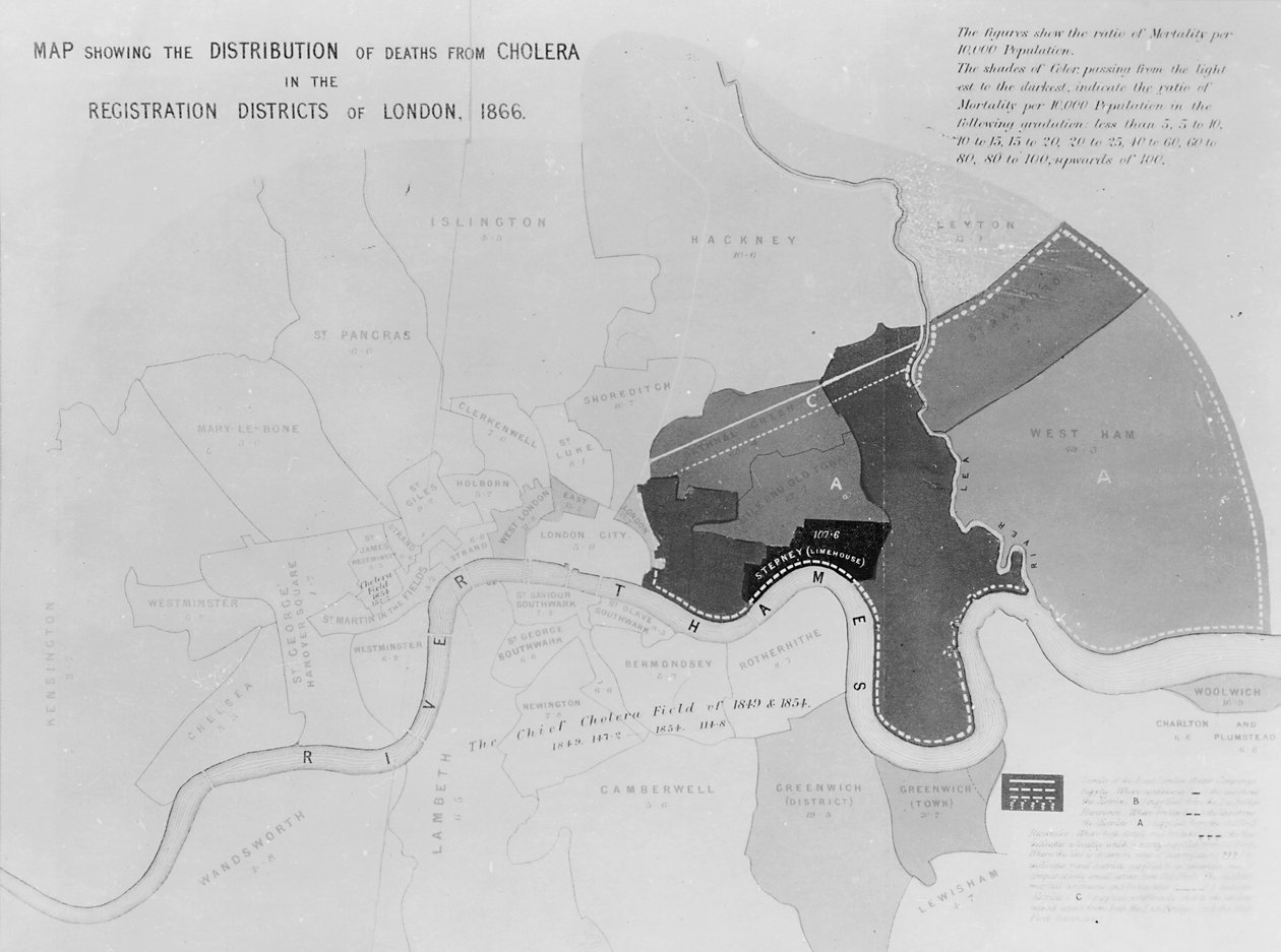 Map Showing the Distribution of Deaths from Cholera in the Registration Districts of London, 1866 by English School