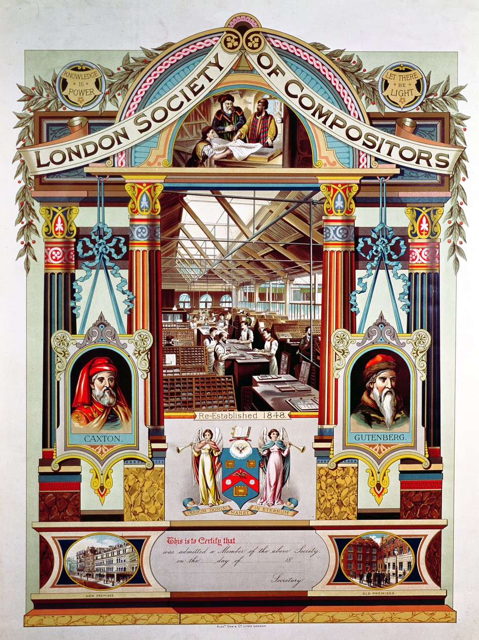 Member certificate of the London Society of Compositors by English School