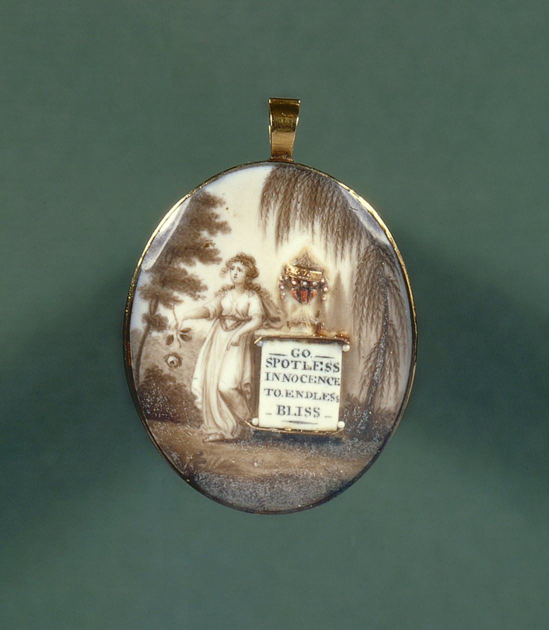 Memorial pendant inscribed with Go Spotless Innocence to Endless Bliss by English School
