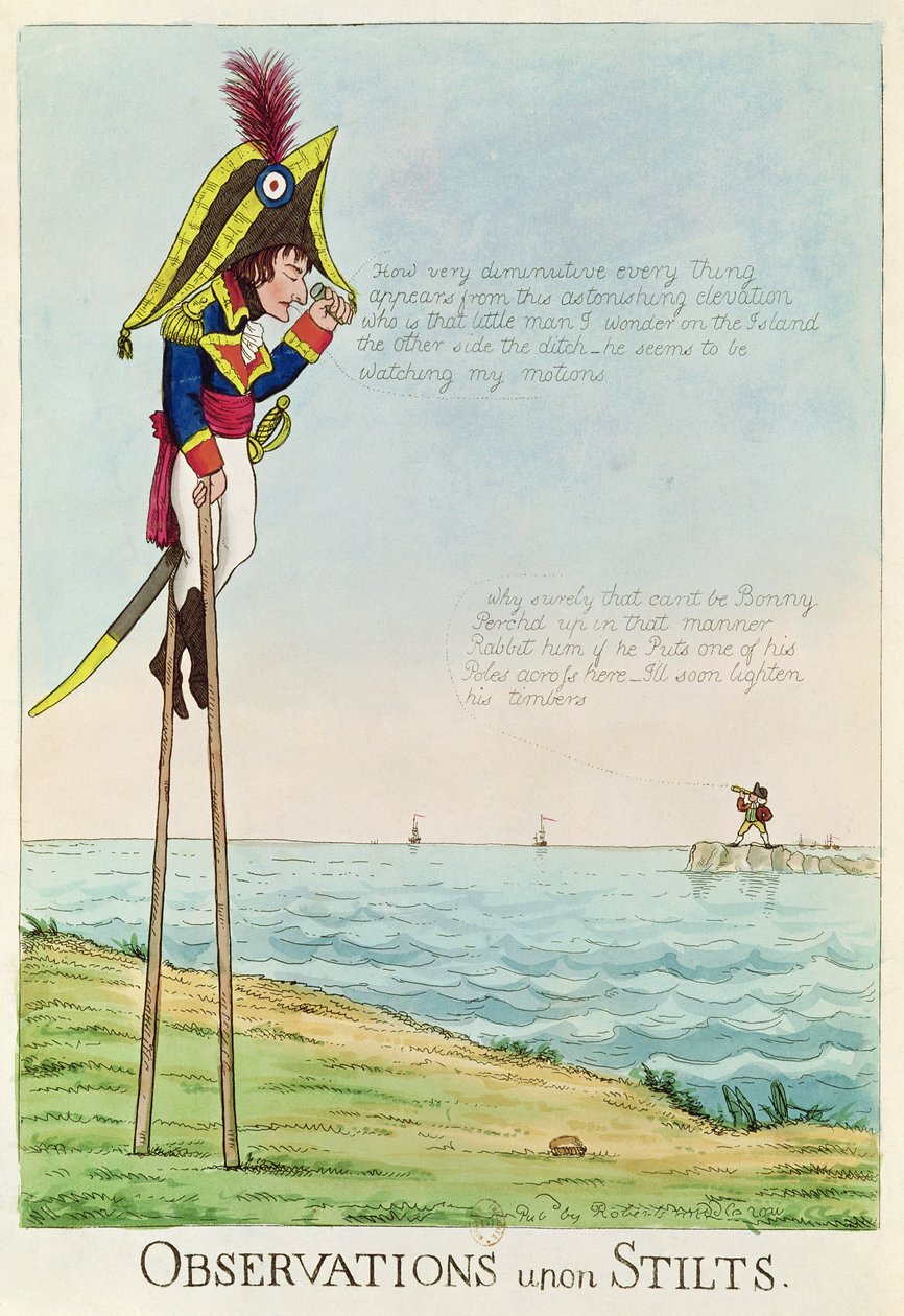 Observations Upon Stilts, caricature of Napoleon standing on stilts observing Pitt and England across the Channel by English School