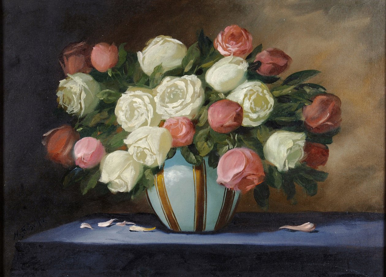 Pink and White Roses in a Blue Vase by English School
