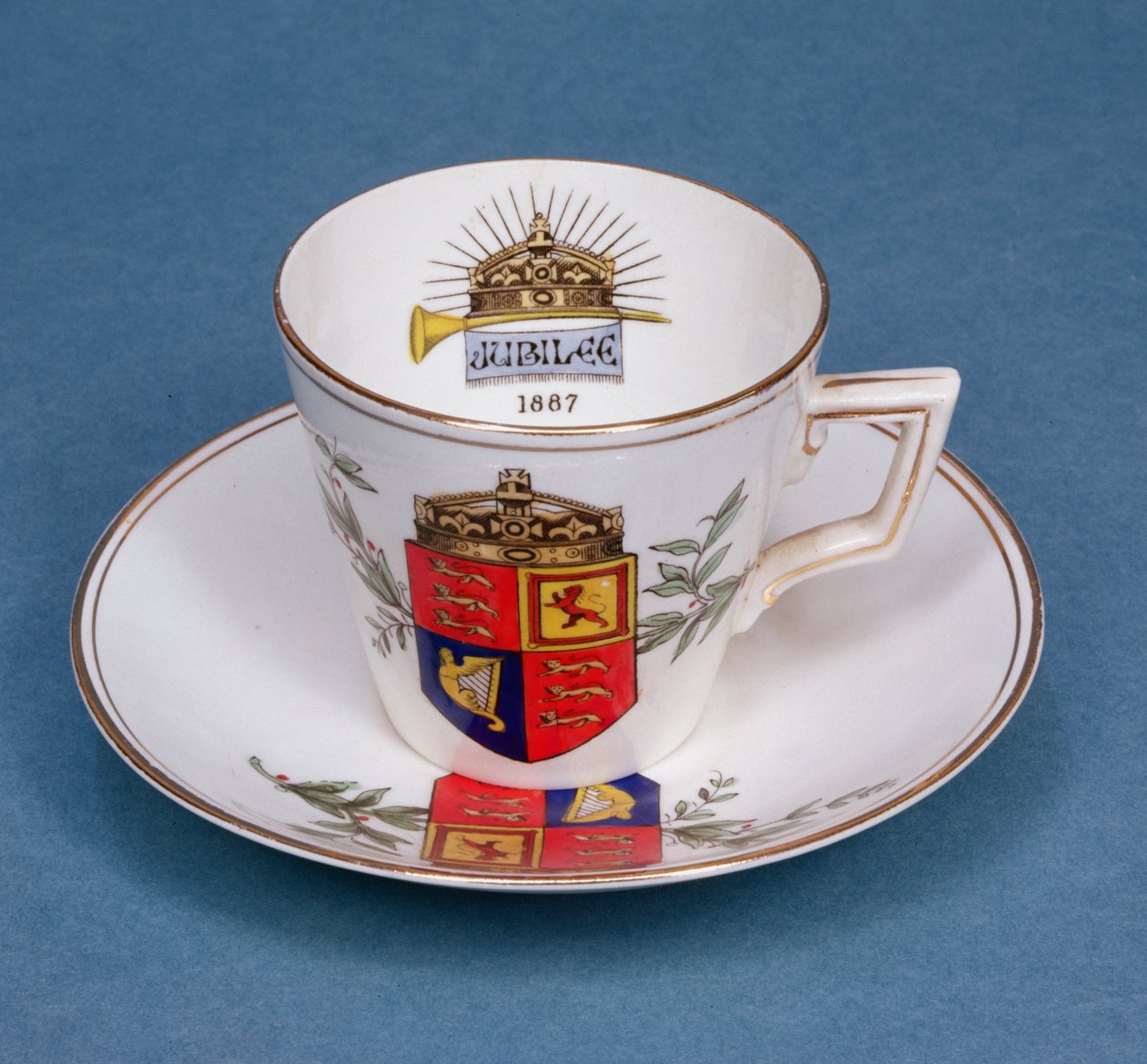 Plymouth porcelain cup and saucer commemorating the Jubilee of Queen Victoria by English School