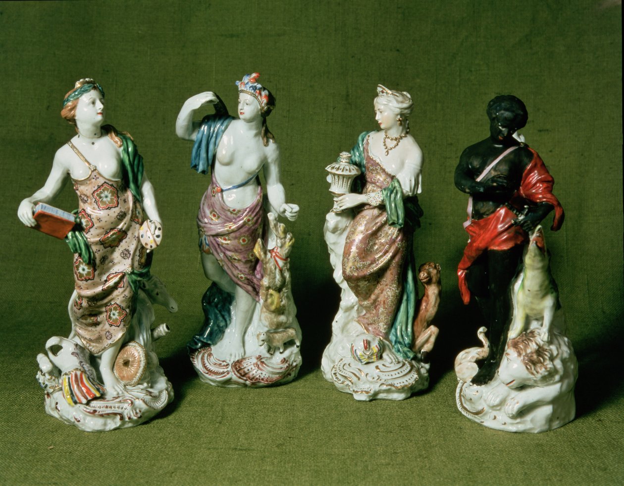 Plymouth porcelain figures of the Four Continents produced under William Cookworthy from Longton Hall moulds, c.1770 by English School