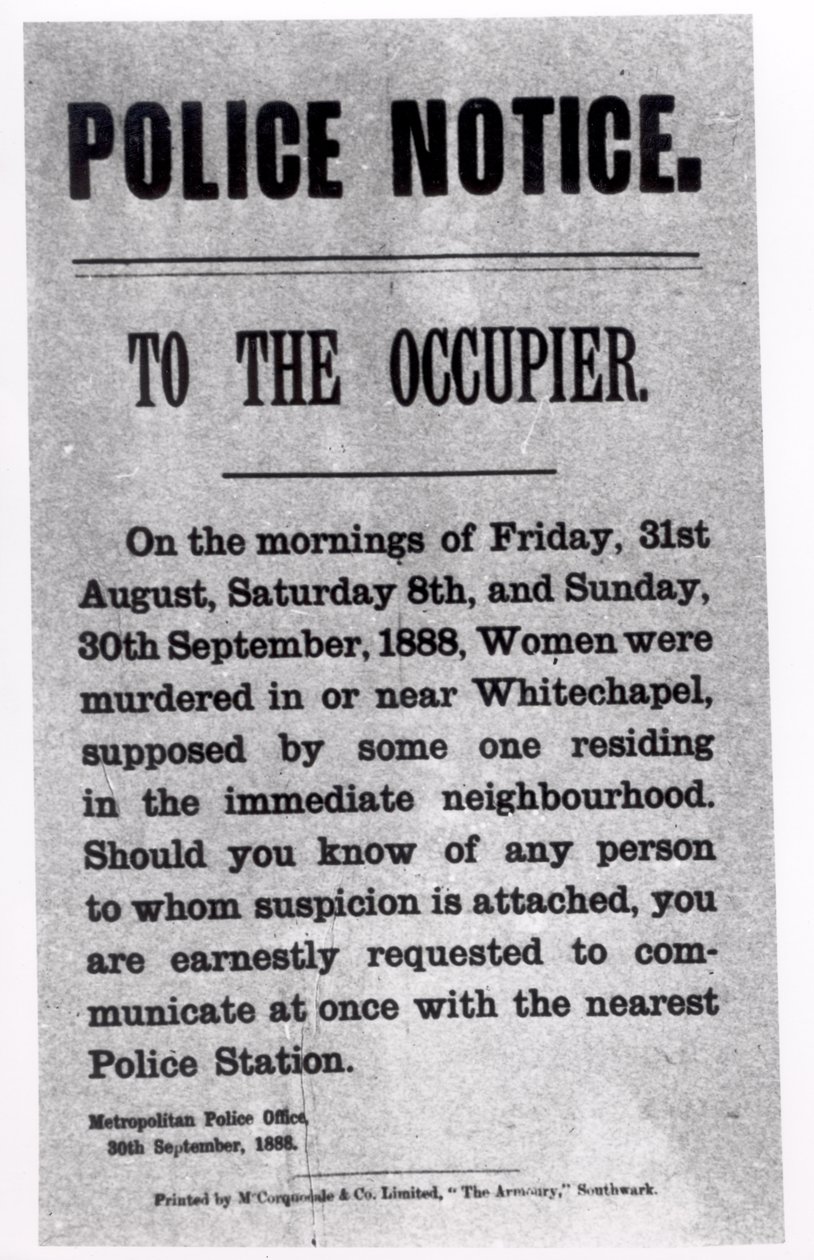 Police Notice to the Occupier Relating to Murders in Whitechapel, 30th September 1888 by English School