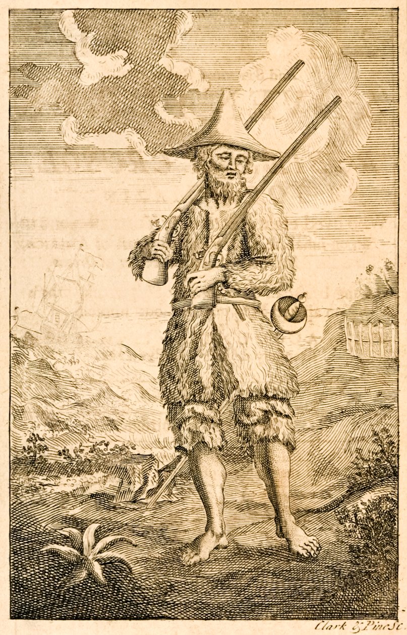 Robinson Crusoe frontispiece illustration showing the supposed author Crusoe on the shore with muskets and sword, from The Life and Strange Surprising Adventures of Robinson Crusoe by English School