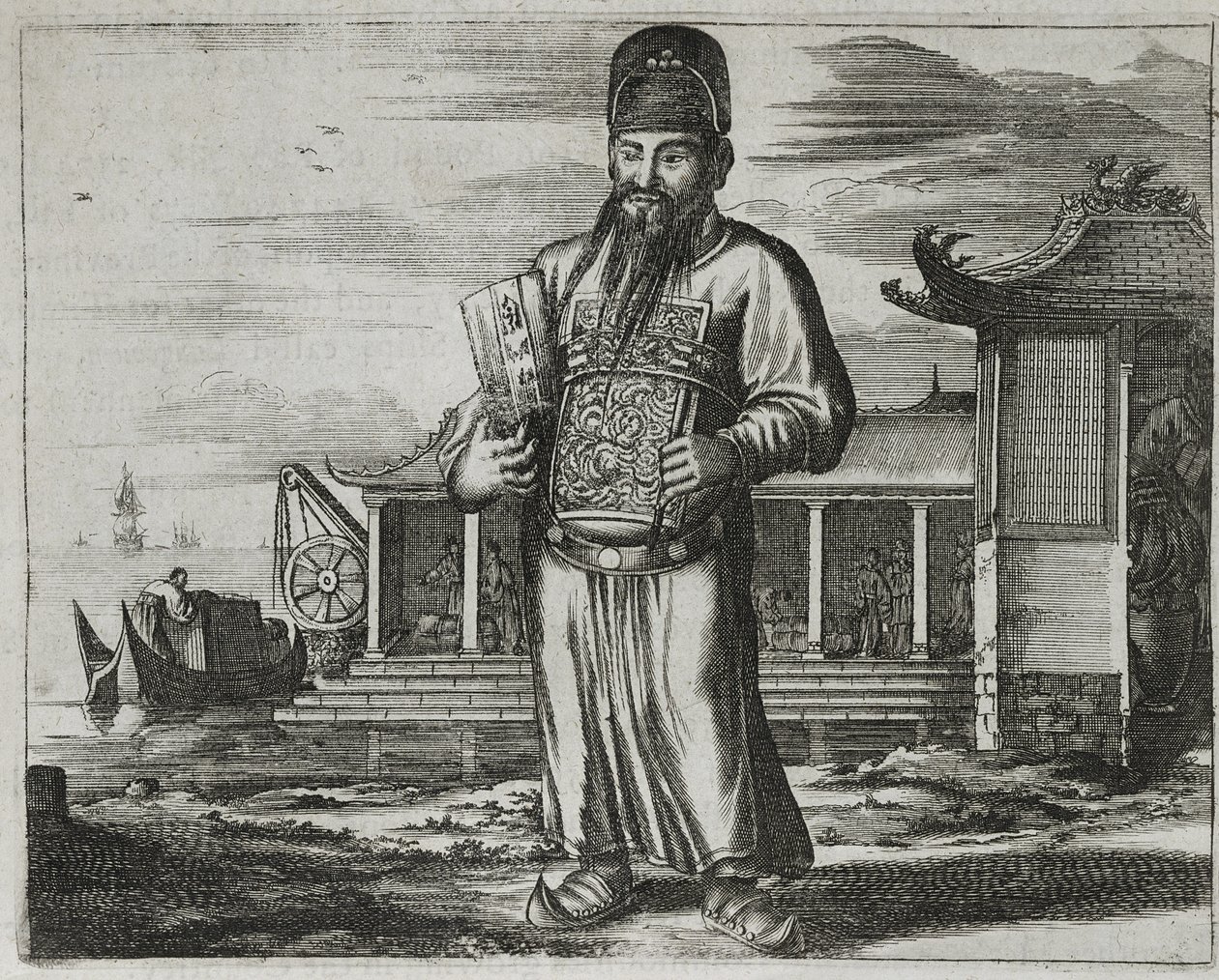 Senior Civil Servant Collecting Taxes, illustration from a description of Embassies to China, 1690 by English School