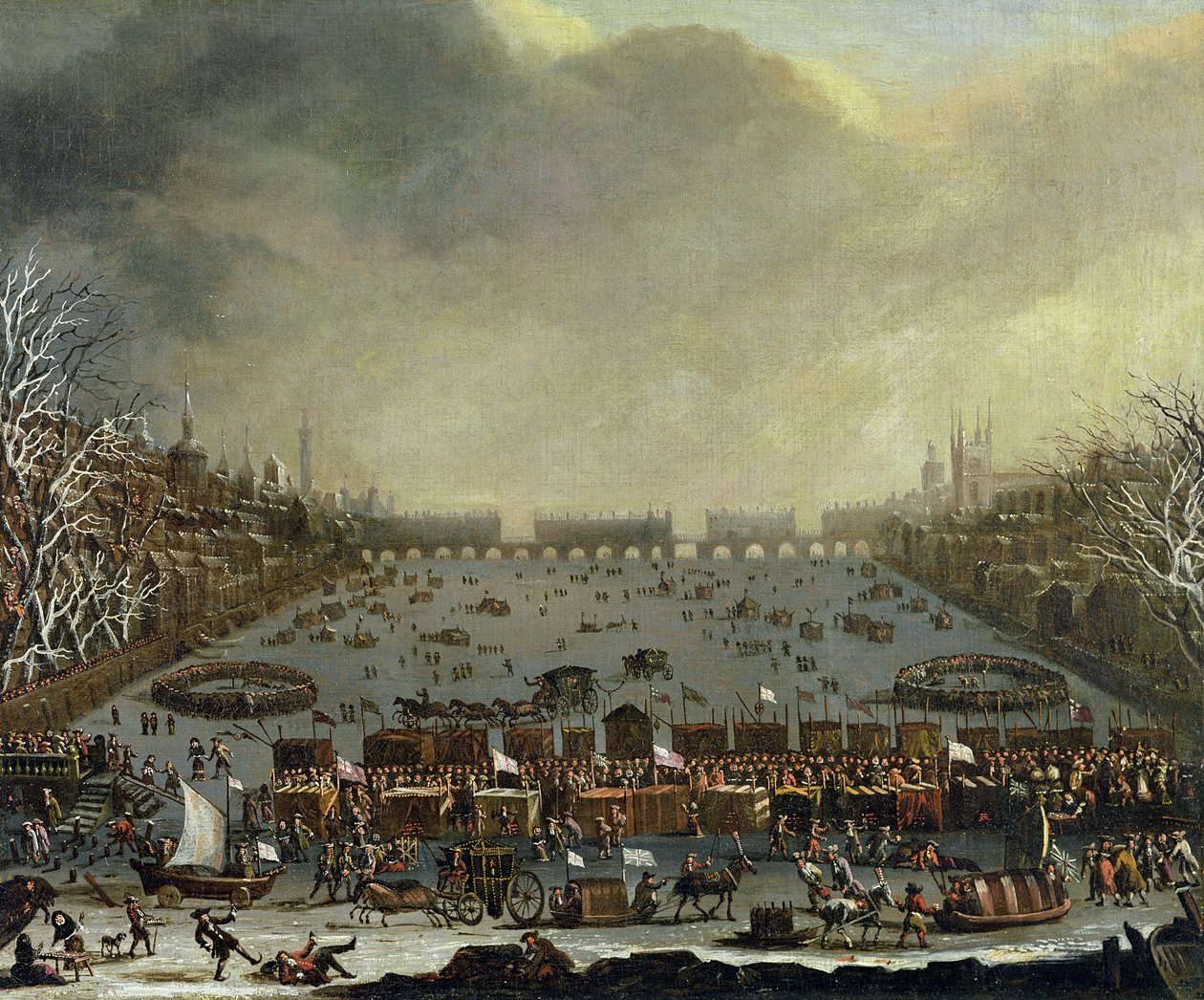 The Frost Fair of the Winter of 1683-4 on the Thames, with Old London Bridge in the Distance, c.1685 by English School