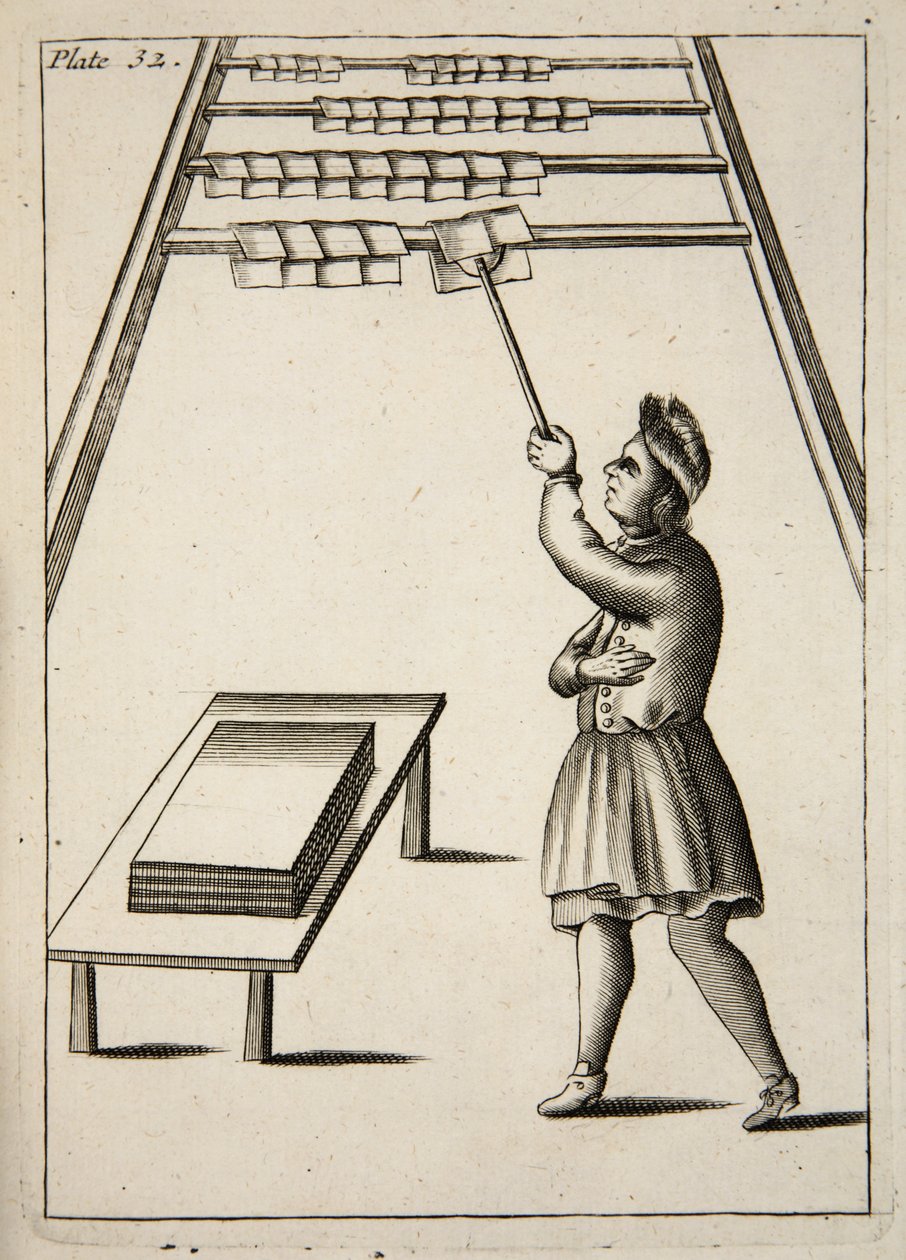 The Pressman Hanging Paper, from Mechanick Exercises: or The Doctrine of Handy-Works applied to the Art of Printing, pub. 1683 by English School