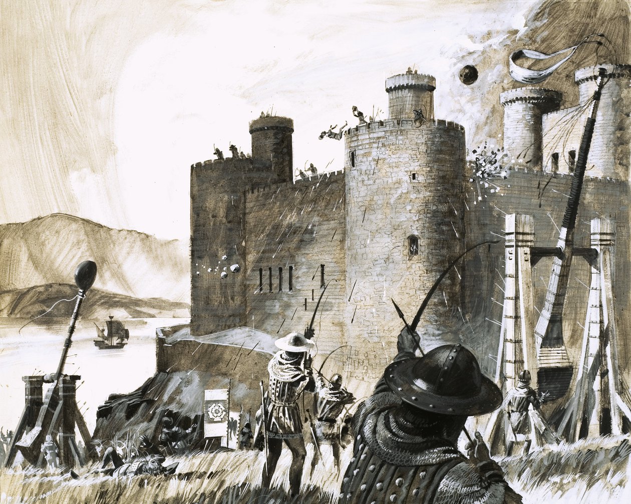 Unidentified siege of a castle using a trebuchet by English School