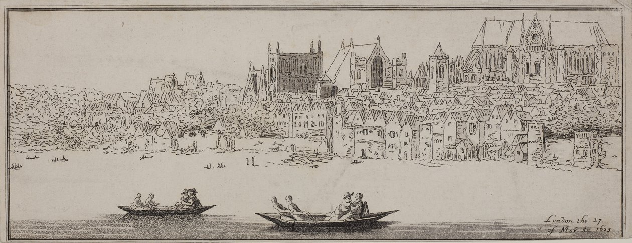 View of Westminster Abbey and the Palace of Westminster from the River Thames with boats in the foreground, c.1750 by English School