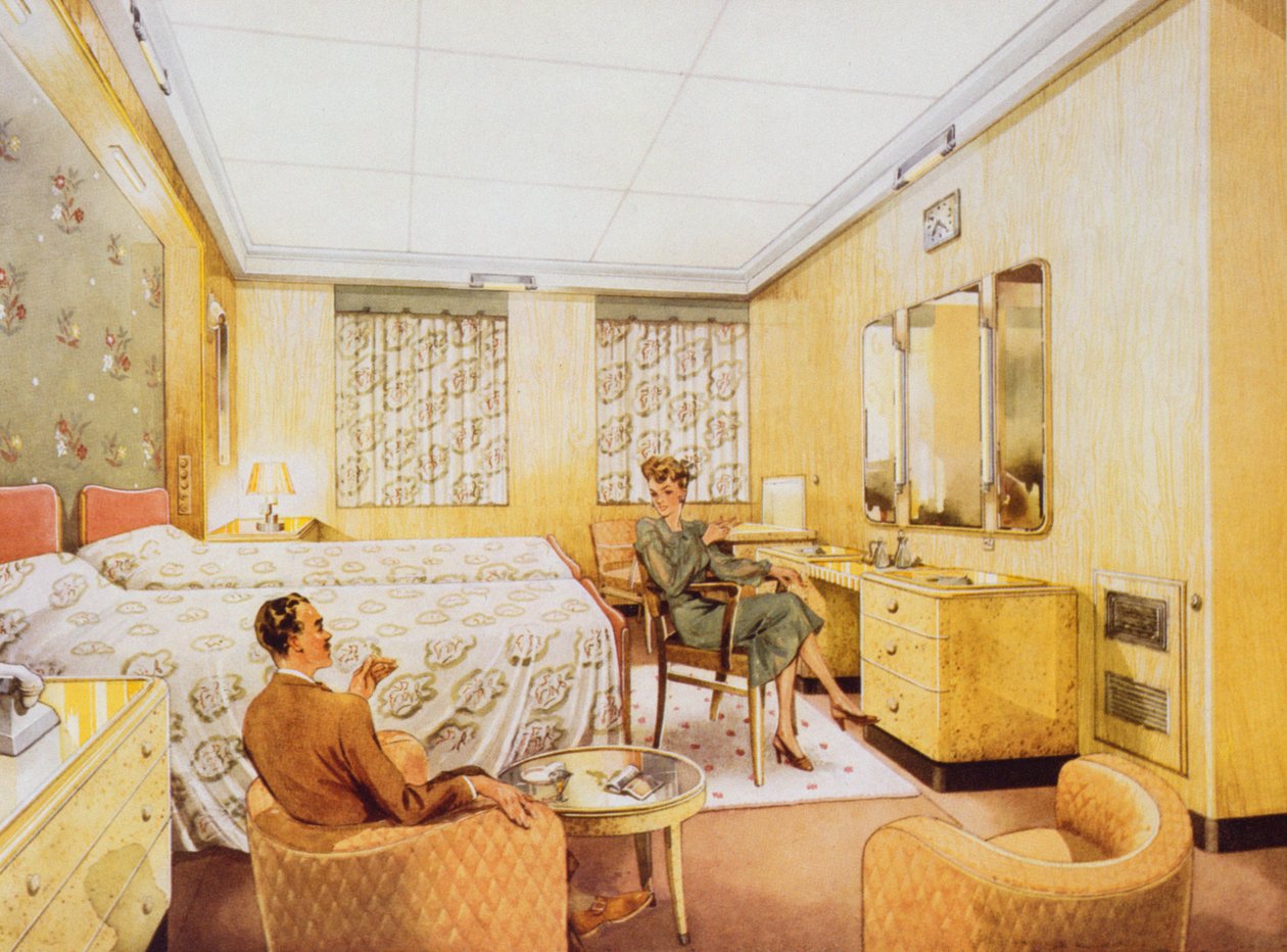 A Bedroom aboard RMS Caronia, c.1950 by English School