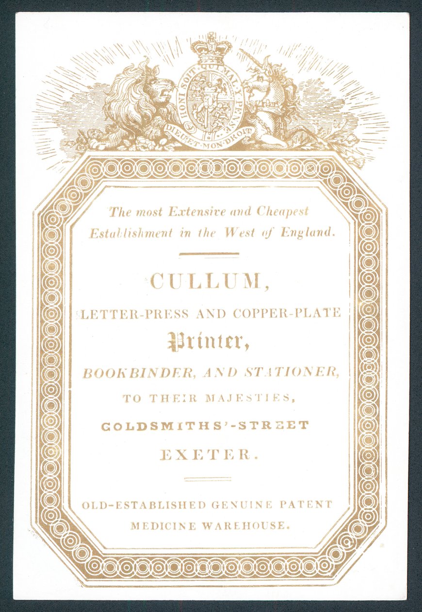 Cullum, Letter-Press and Copper-Plate Printer, Trade Card by English School