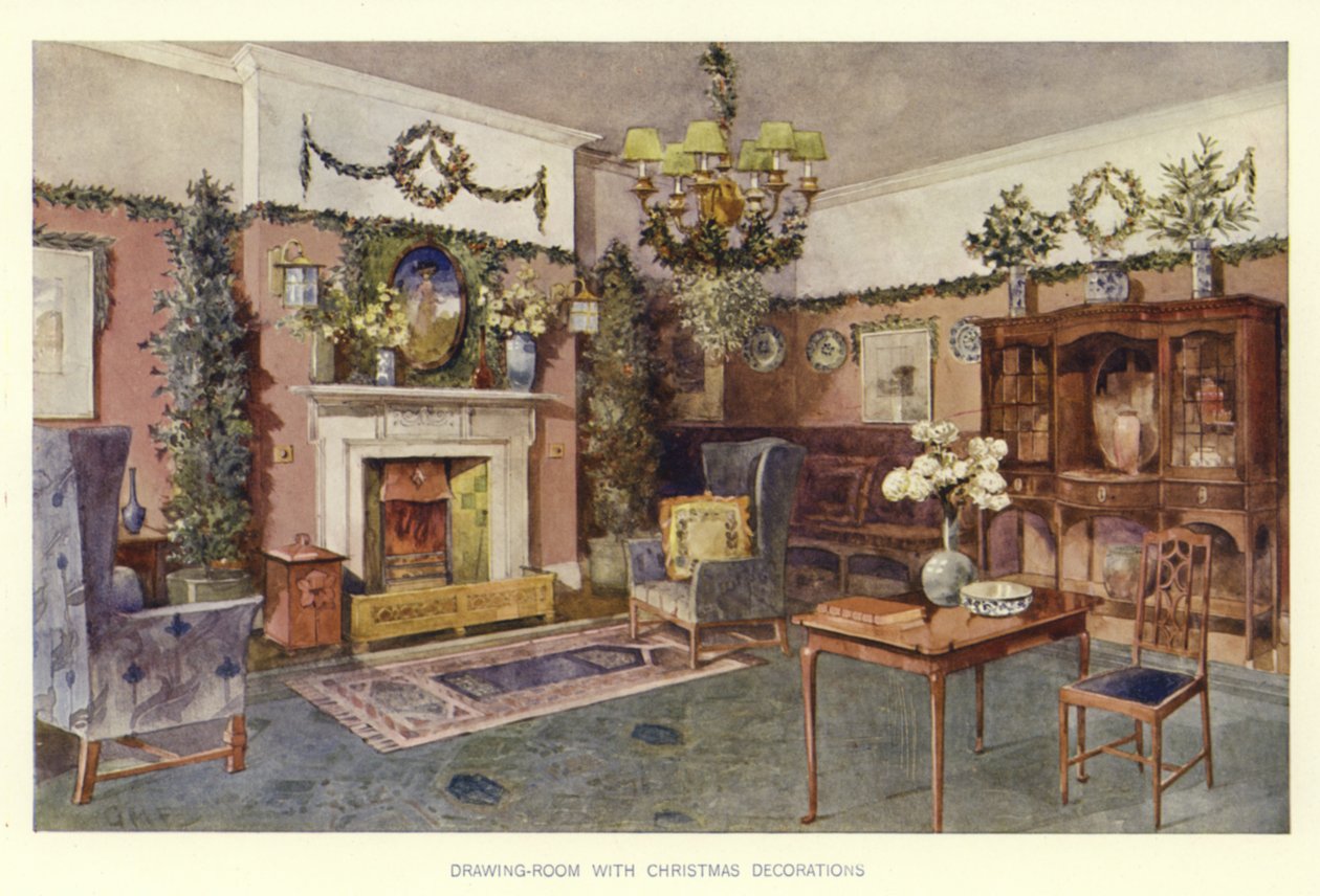 Drawing Room with Christmas Decorations by English School