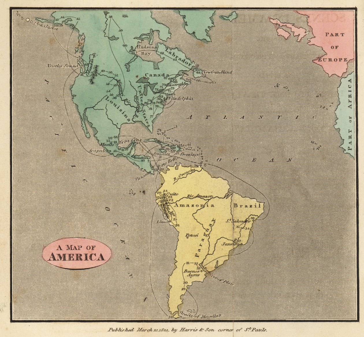 Map of the Americas, circa 1821 by English School
