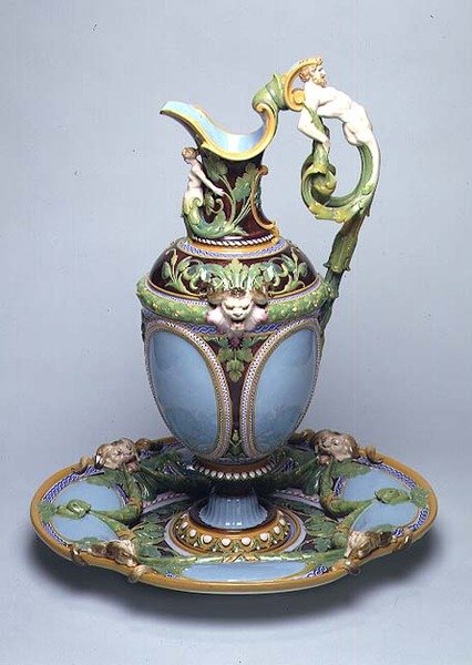 Minton maiolica ewer and basin by English School