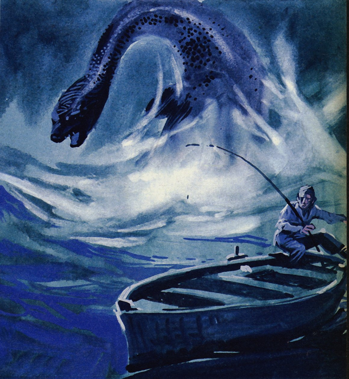 The Loch Ness Monster attacks a fisherman by English School