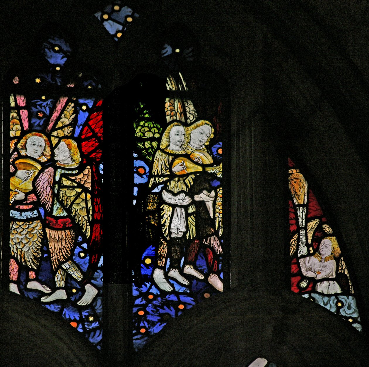 Window depicting musician angels with lutes by English School