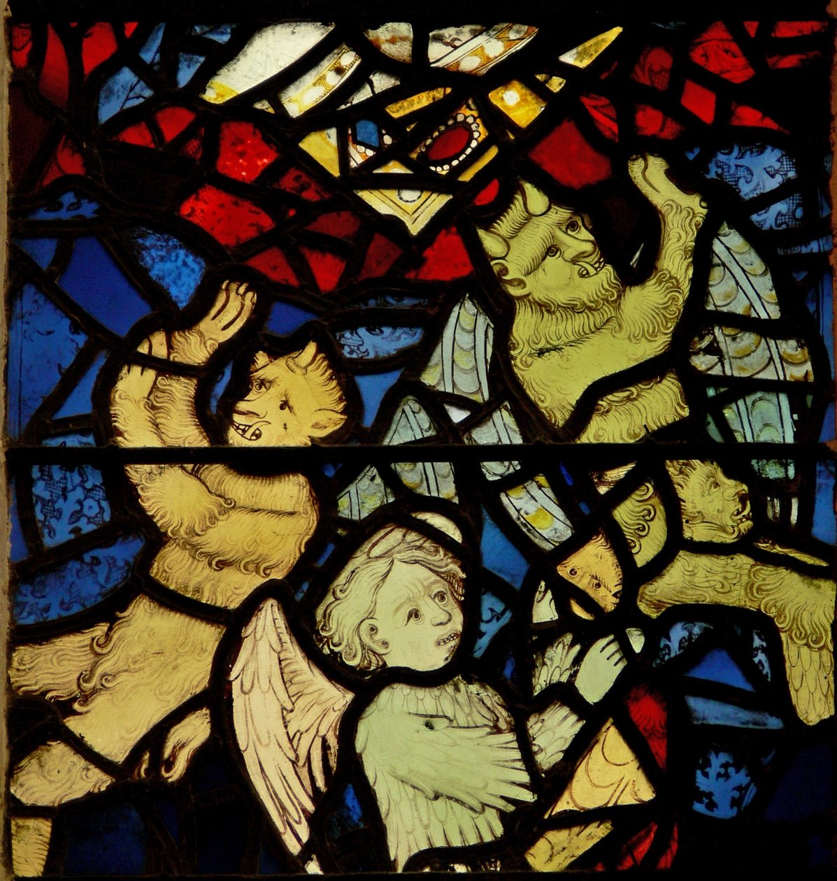 Window depicting devils and an angel by English School