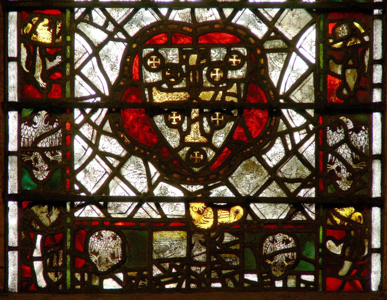 Window w42 depicting arms and border by English School