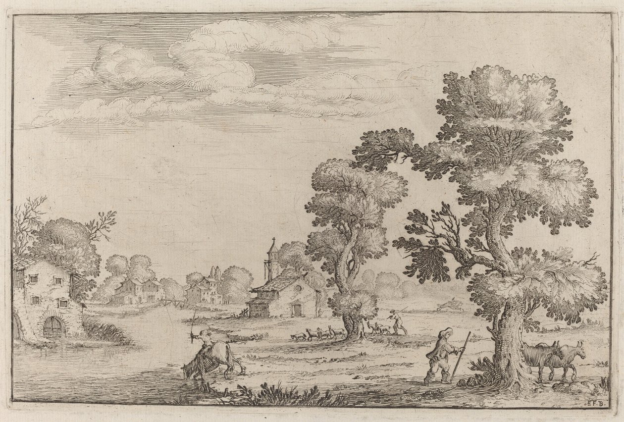 Lakeside Village with Herdsmen by Ercole Bazicaluva