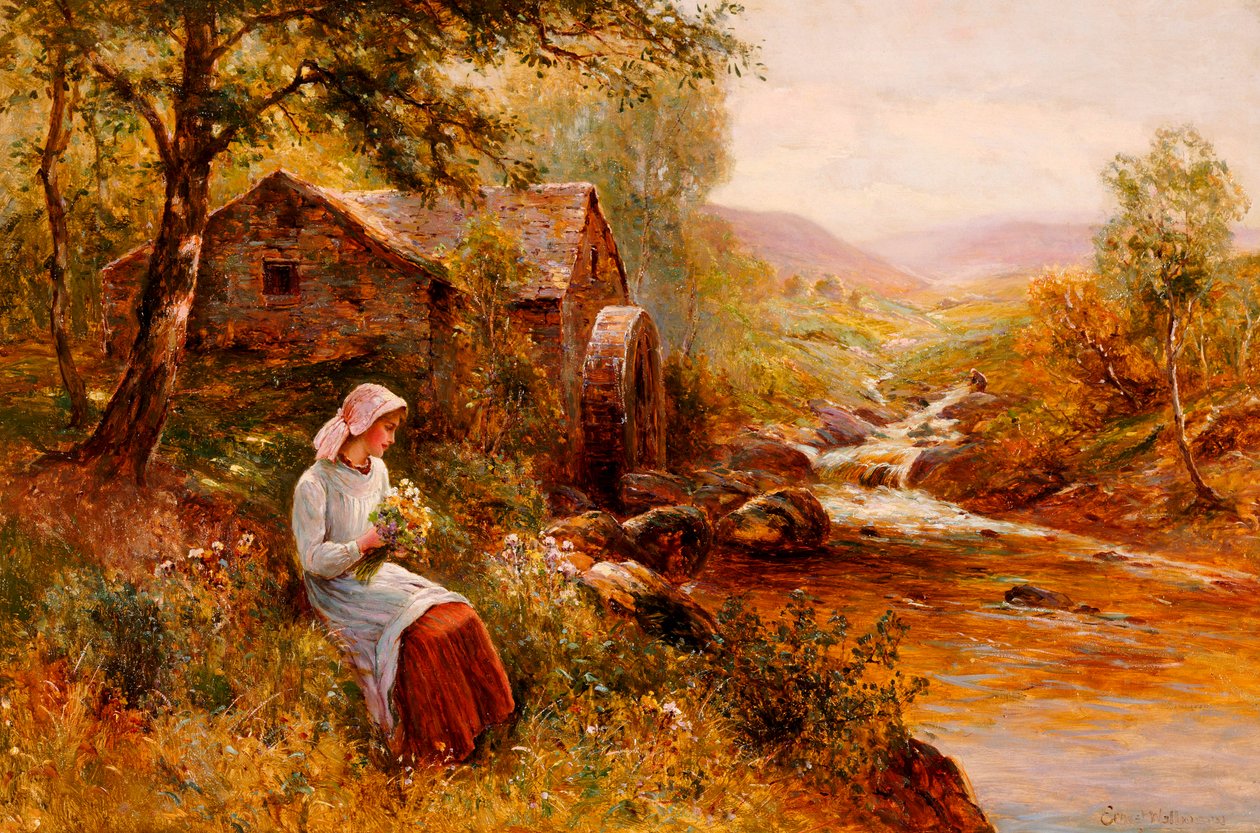 A Young Girl Picking Spring Flowers by Ernest Walbourn
