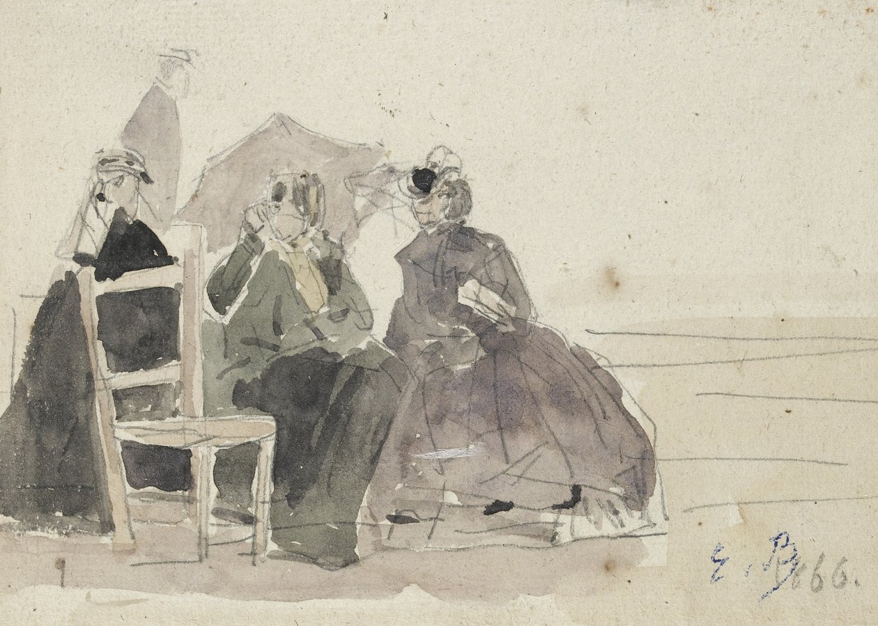 Three Women Seated on Chairs on a Beach by Eugene Louis Boudin