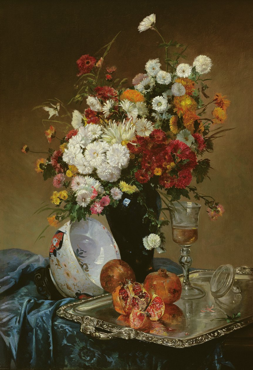 Still Life with Flowers and Pomegranates by Eugene Henri Cauchois