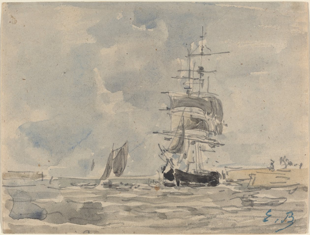 Seascape with Sailing Vessel by Eugène Boudin