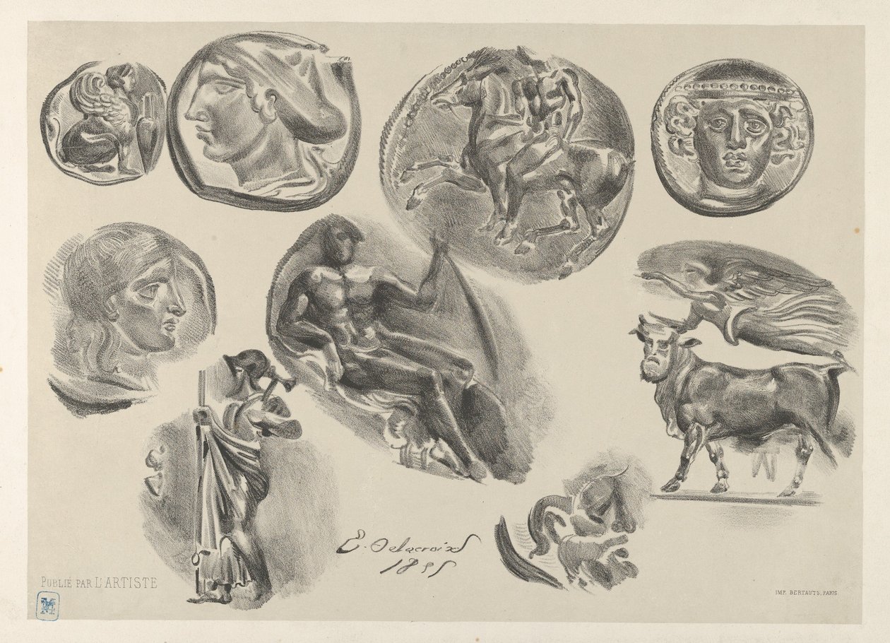 Sheet of Nine Antique Coins by Eugène Delacroix