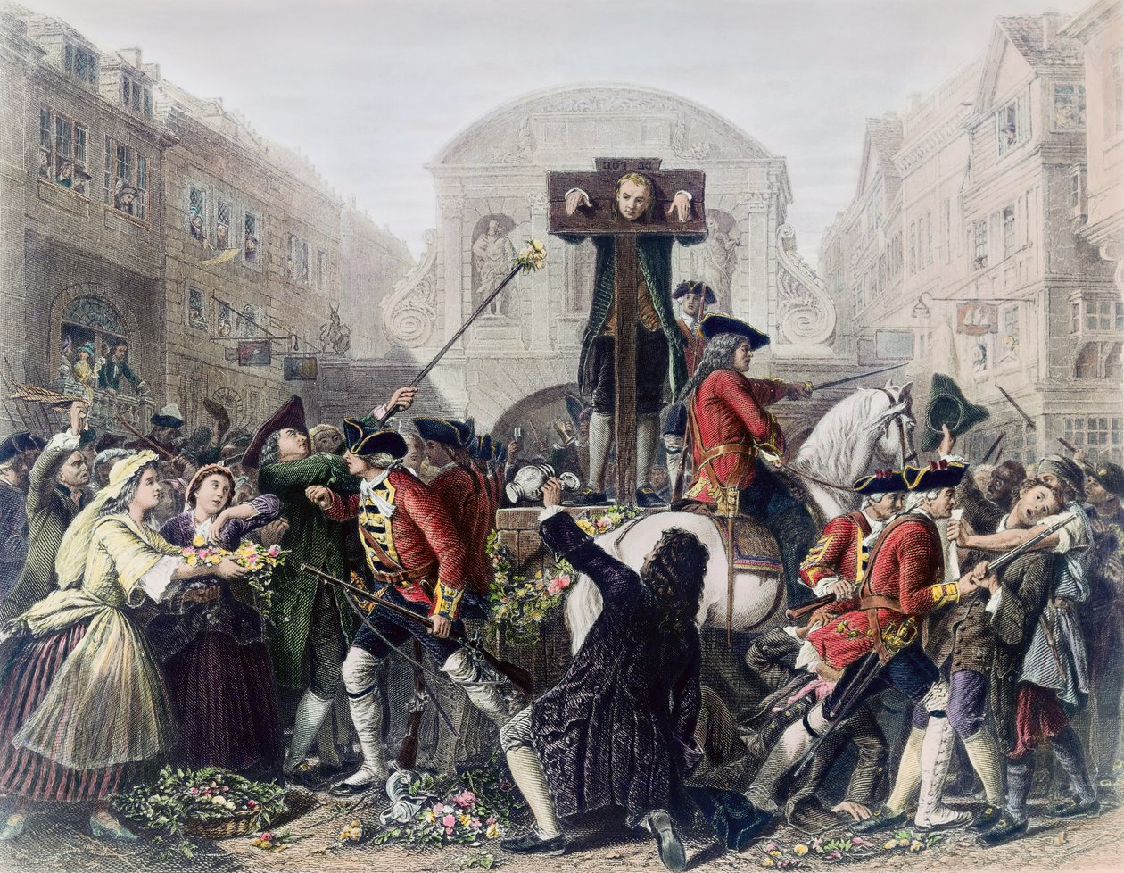 View of Daniel Defoe in the pillory at Temple Bar surrounded by a crowd by Eyre Crowe