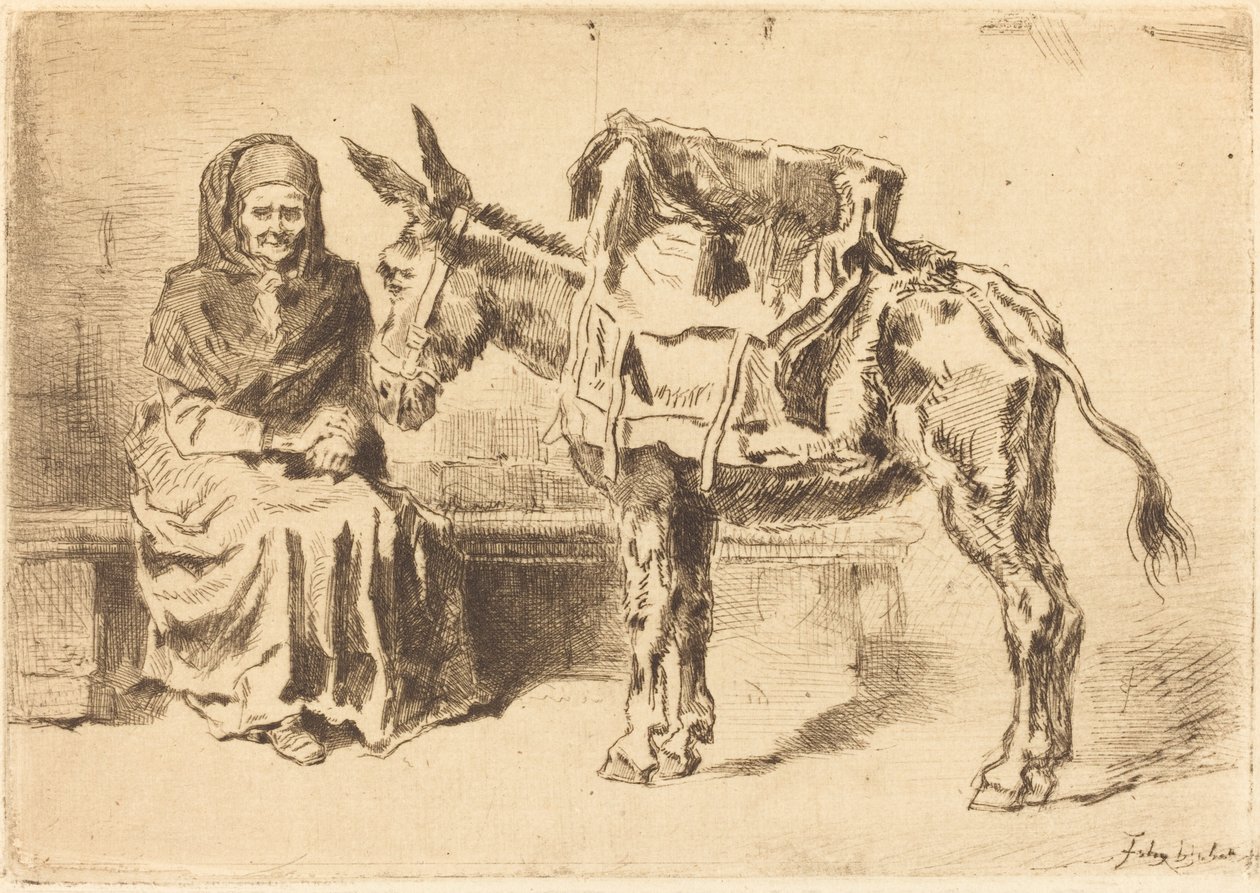 Seated Woman and Ass by Felix Hilaire Buhot