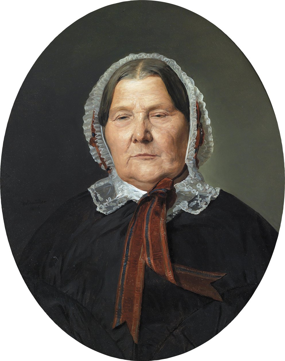 Old Woman in Black Dress and White Frilled Cap with Red Ribbons by Ferdinand Georg Waldmuller