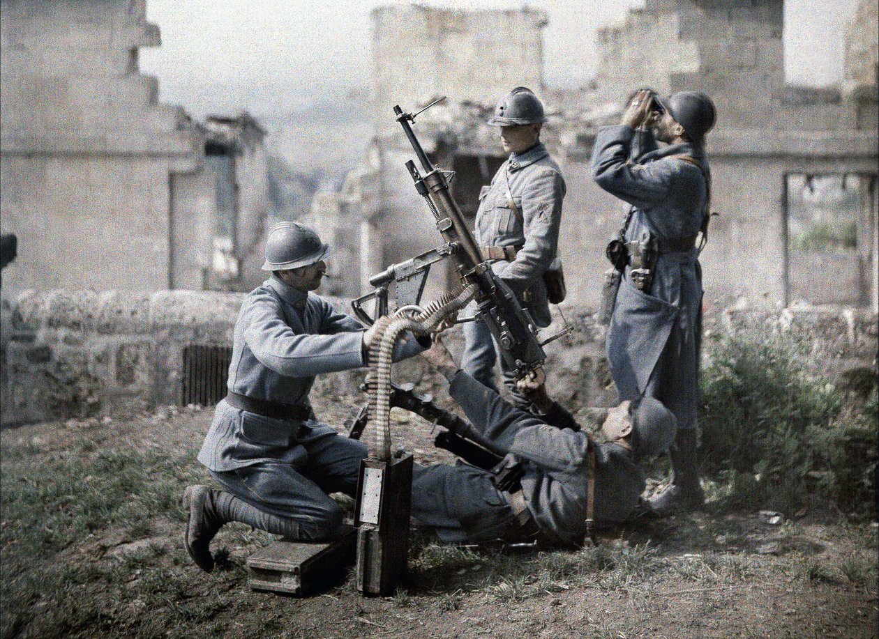 A French Section of Machine Gunners Has Taken Position in the Ruins During the Battle of the Aisne, France, 1917 by Fernand Cuville