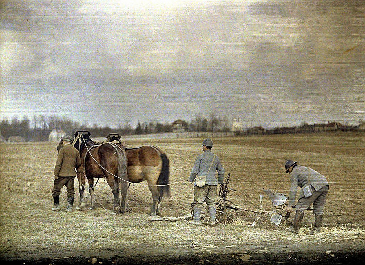 A Farmer and Two French Soldiers Ploughing with Two Horses, Marne, France by Fernand Cuville