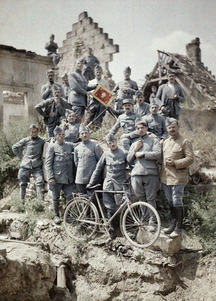 French Officers of the 370th Infantry Regiment Posing in the Ruins after the Attack of German Troops at the Chemin des Dames near Reims during World War I, Aisne, France by Fernand Cuville