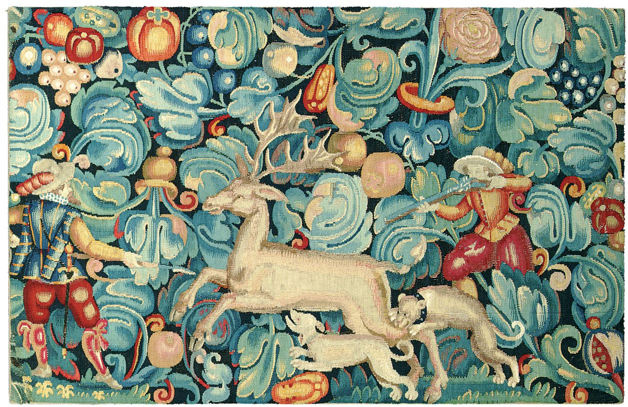 Feuilles de Choux hunting tapestry panel by Flemish School