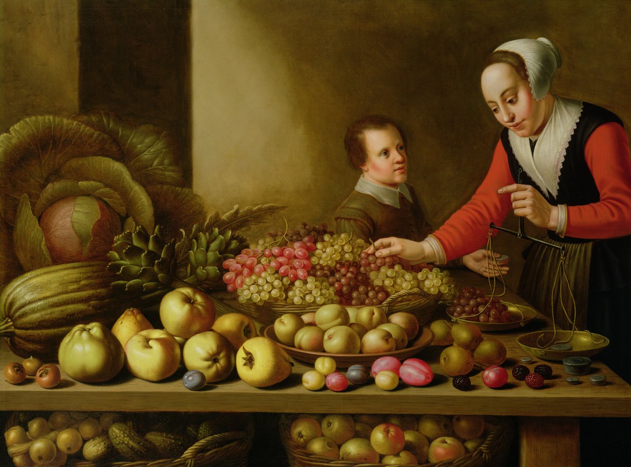 Girl Selling Grapes from a Large Table Laden with Fruit and Vegetables by Floris Gerritsz van Schooten