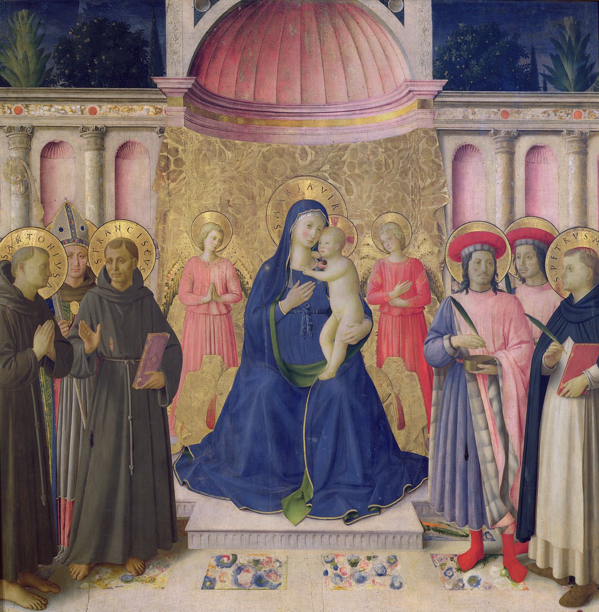 The Bosco ai Frati Altarpiece: The Virgin and Child enthroned with two angels between SS. Anthony of Padua, Louis of Toulouse and Francis and SS. Cosmas and Damian and Peter the Martyr by Fra Angelico