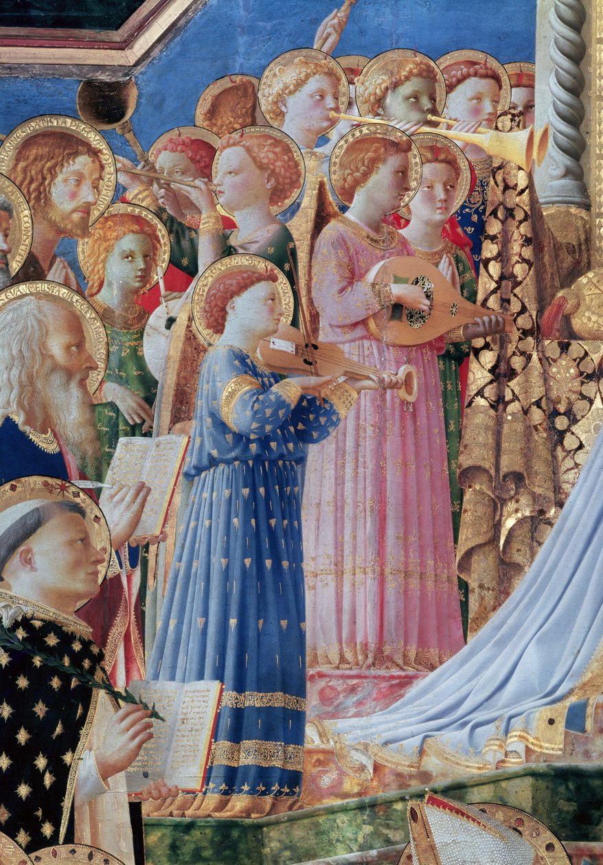 The Coronation of the virgin, detail of musical angels from the left hand side, c.1430-32 by Fra Angelico
