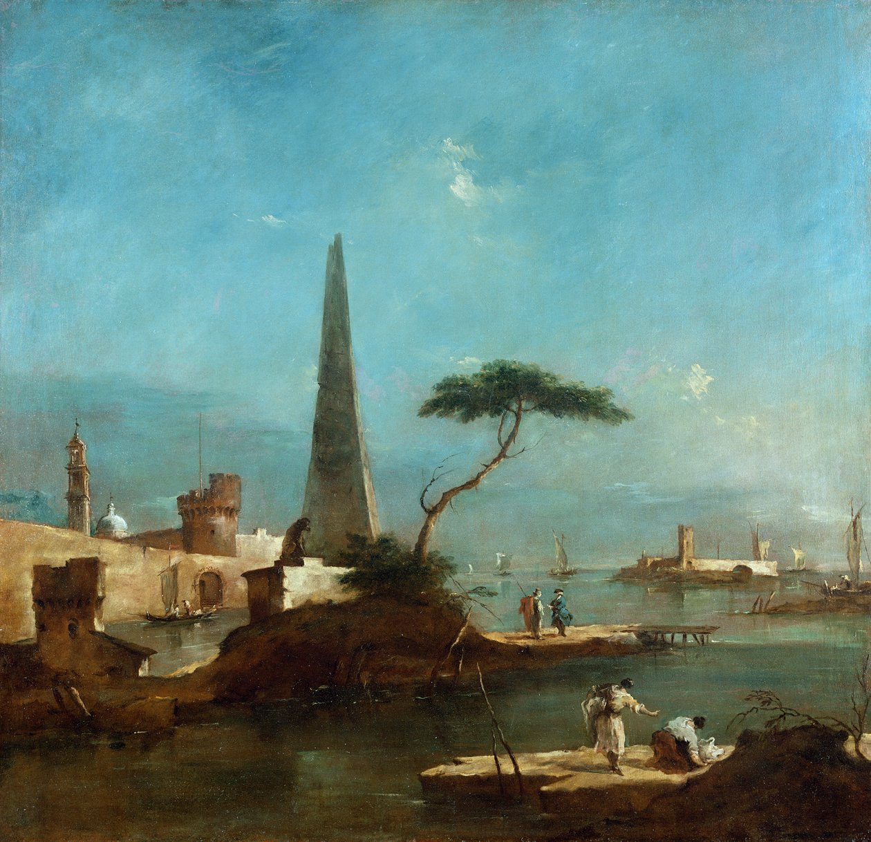 Obelisk beside the entrance to a walled harbour by Francesco Guardi
