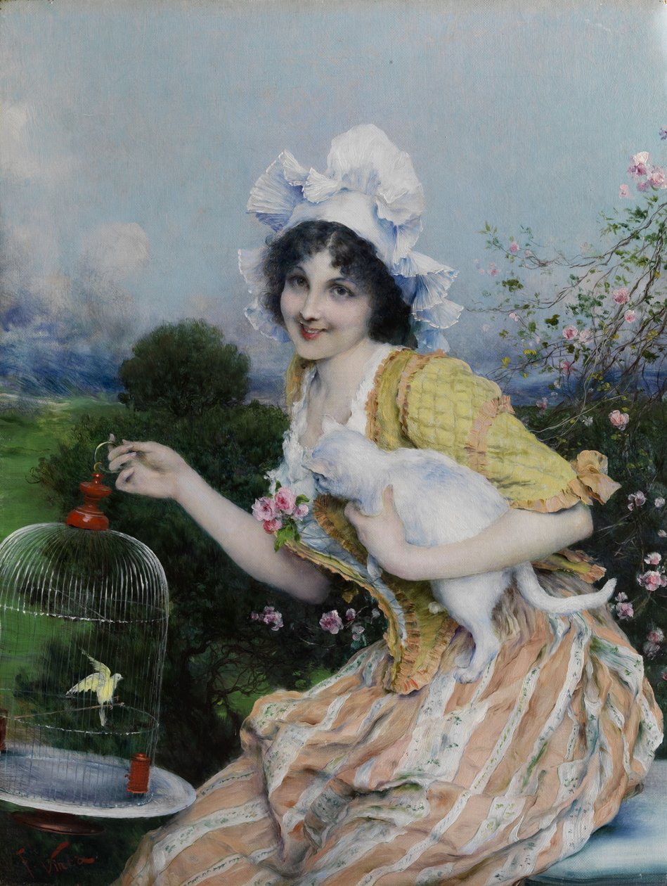 Girl with Cat and Birdcage by Francesco Vinea
